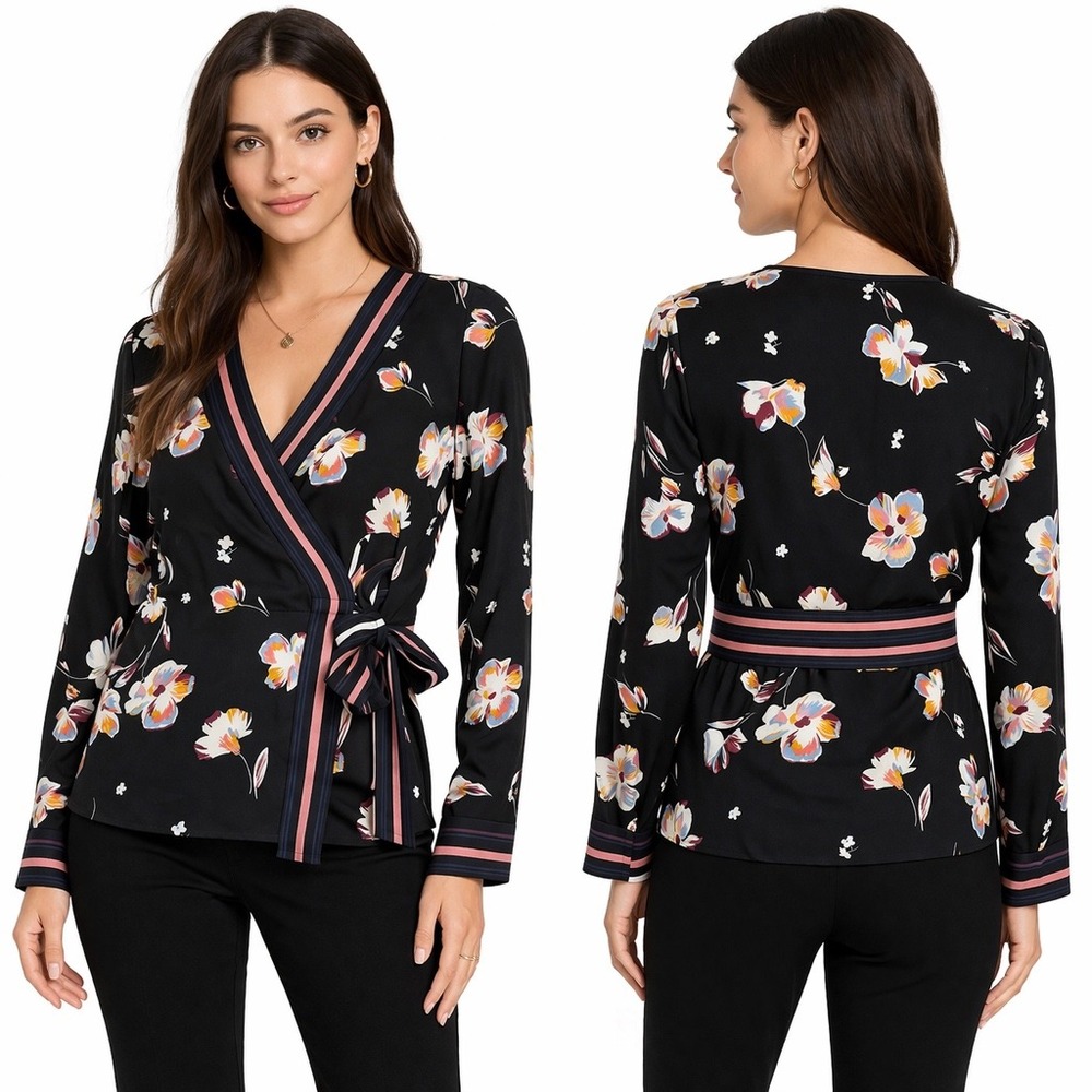 Halogen Women's Black Floral Wrap Blouse Striped Trim V-Neck Long Sleeve Size S